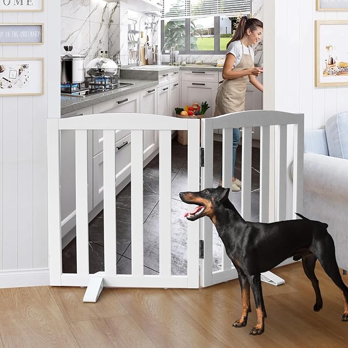 Freestanding Dog Gate Indoor, Doggie Gate Foldable Dog Gates for Doorways,Stairs or Hallways, Wooden White Pet Gate for The House, Pet Fence with Support Feet Included,24 "Height-2 Panels