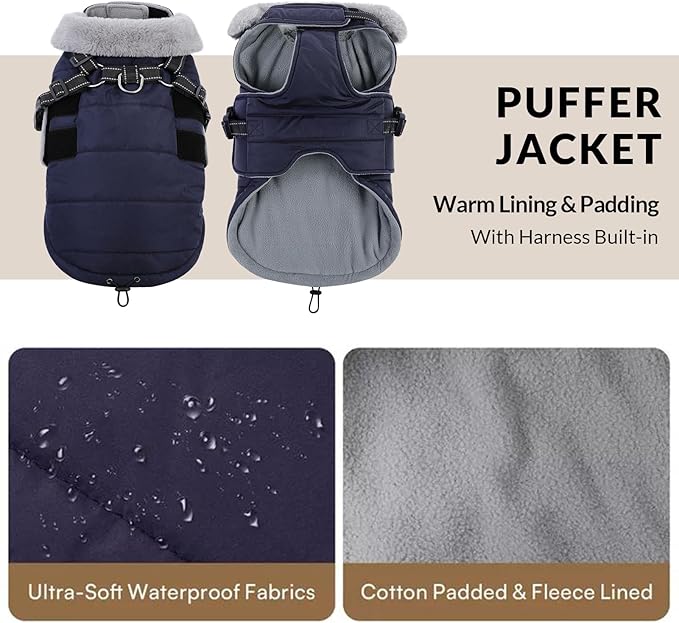 Queenmore Dog Coats for Large Dogs Winter Waterproof with Harness Built-in, Pet Puffer Warm Jacket with Harness for Snow/Cold Weather for Large Breed - Fleece Lining Easy-on Reflective, Navy L