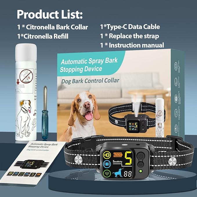 Citronella Bark Dog Collar Spray Dog Collar, with 5 Adjustable Sensitivity, Beep+Vibration+Spray 5 Working Modes Citronella Bark Collar, IP66 Waterproof Dog Spray Collar for L/M/S Black