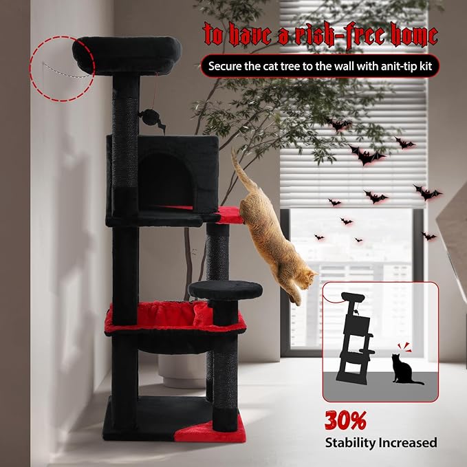 PEQULTI 45.7'' Gothic Cat Tree for Indoor Cats with Metal Frame Big Hammock, Cat Tower for Small or Medium Cats with Cat Condo House, with Scratching Posts and Top Perch, Black