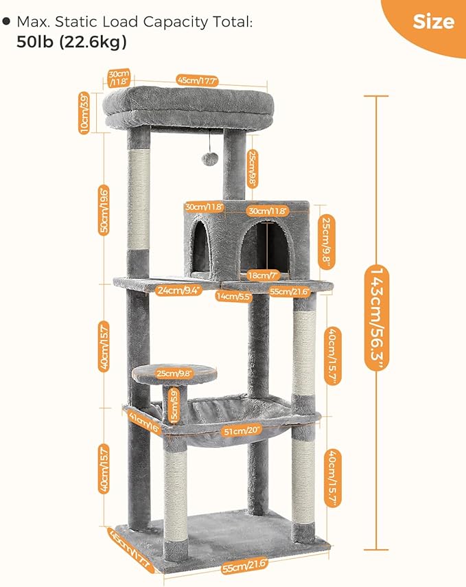 PEQULTI Cat Tree for Large Cats with Metal Frame Big Hammock, Cat Tower for Indoor Cats with 2 Door Condo House, [56.3"=143cm] Multi-Level Cat Shelves with Scratching Posts and Top Perch, Grey