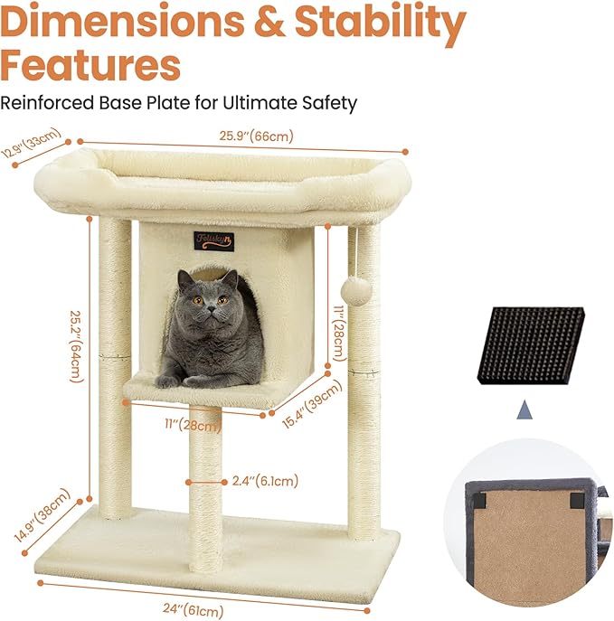 Cat Tree Tower Scratching Post for Indoor Large Cats, Small Cat Tree with Big Perch Bed, 28in Tall Trees House with Condo Cave, Toy Balls, Modern Climbing Furniture Platform for Kitten (Beige)