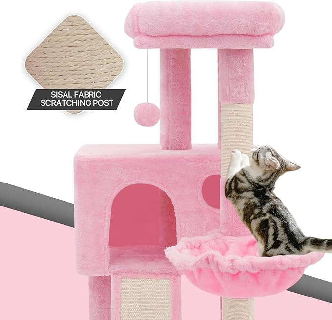 Cat Tree Tower with Cat Condo, Small Cat Tower with Scratching Post & Hammock, Cat Tree for Indoor Cats, 36 Inch, Soft Pink