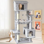 Tall Cat Tree 64 in, Multilevel Cat Tower for Adult Cats, Climbing Tree House and Towers with Condo Hammock Scratching Post Wide Base (Light Gray, 64 in)