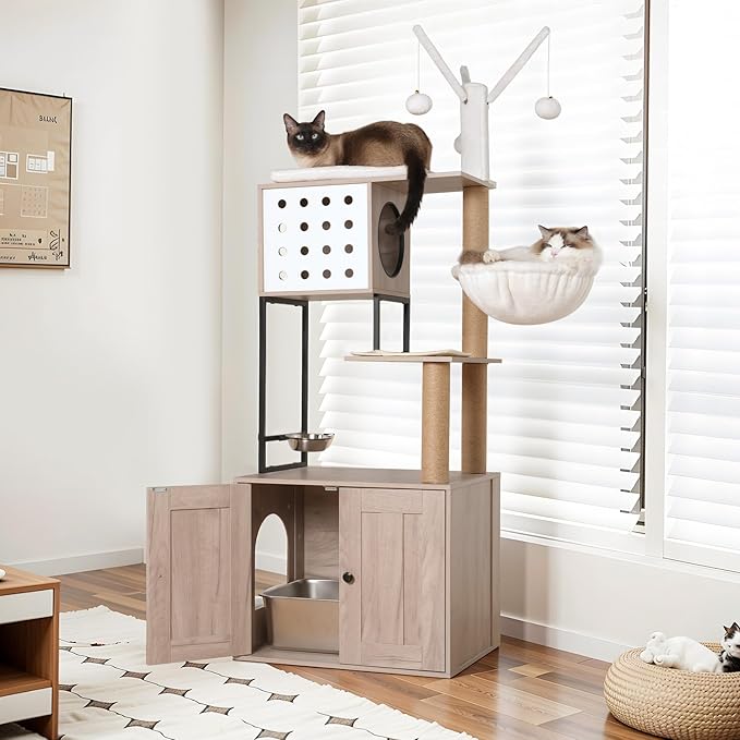 Modern Cat Tree Condo Tower Cat House Washroom Furniture Litter Box Enclosure with Scratching Posts, Hammock, Feeding Bowl & Removable Pompom Sticks, White+Gray (23.60" Lx17.70 Wx63.00 H)
