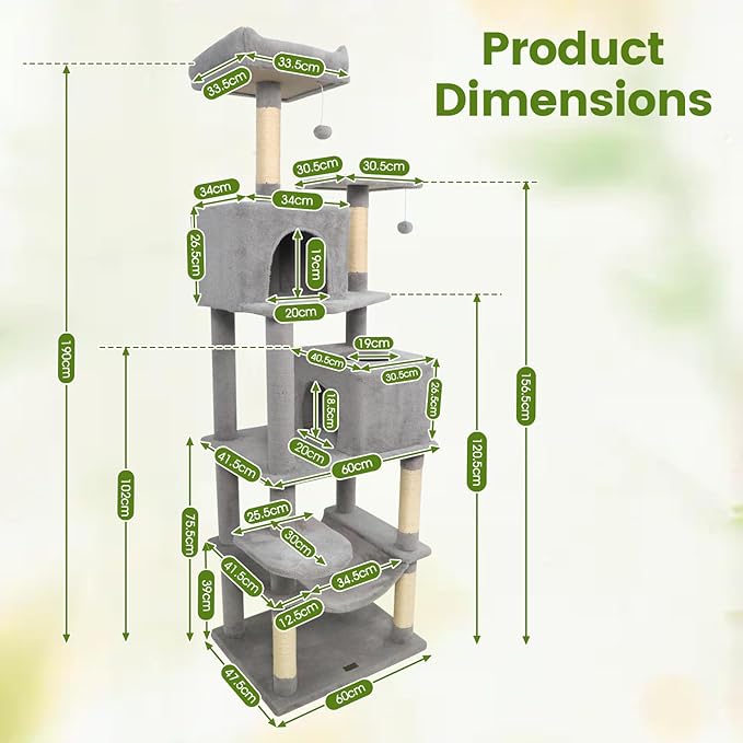 PETSITE Multi-Level Cat Tree, 75 Inches Tall with Sisal Scratching Posts, 2 Condos, Hammock, Dangling Balls, and Cozy Top Perch, Ideal for Indoor Cats to Play and Rest (Grey)