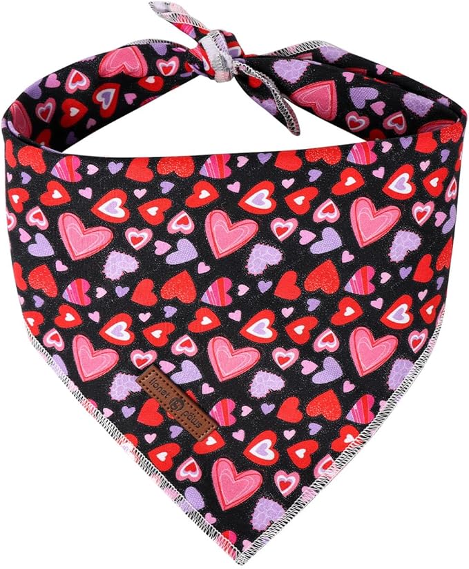 Lionet Paws Valentine Dog Bandana for Small Medium Dogs,Pink Hearts Black Kerchief Washable Dog Triangle Bibs Scarf for Girl or Boy Gift