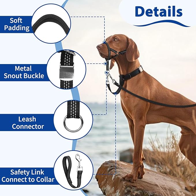 BARKLESS Sturdy No Pull Head Collar for Medium Large Dogs, Gentle Reflective Head Halter with Safety Link, Adjustable Nylon Dog Training Muzzle Leash for Walking Control (Blue, L)