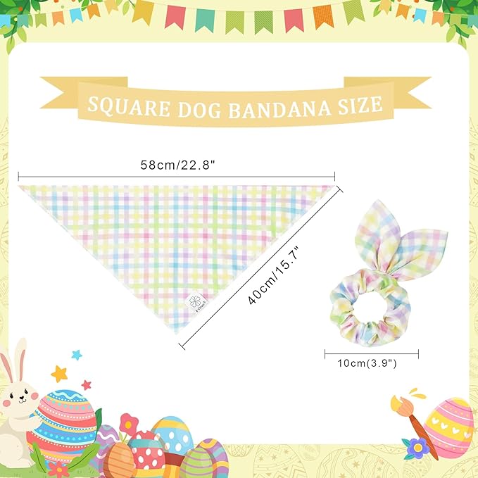 E-Clover Spring Easter Dog Bandanas & Matching Scrunchie Set Cute Girl Dog Scarf Bibs Pet Bandana with Bow Tie for Small Dogs Puppy Owner Mom Colorful Plaid