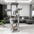 Multi-Level Large Cat Tree, 68-Inch Cat Tower for Indoor Cats, Plush Multi-Color Cat Condo with 4 Scratching Posts, 2 Perches, 2 Caves, Hammock, Pompom，Extra Large Top Perch (Gray)