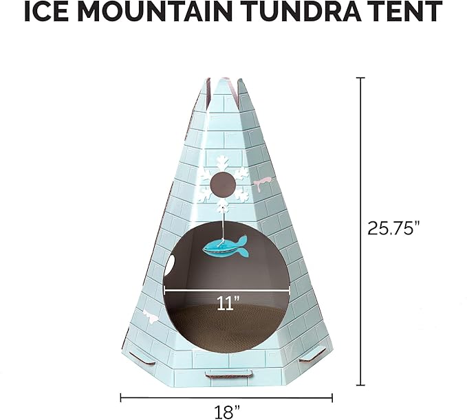 Furhaven Cat Cave Hideout w/ Catnip for Indoor Cats, Ft. Scratching Pad & Toys - Tundra Tent Corrugated Cat Scratcher Hideout - Ice Block Print, One Size
