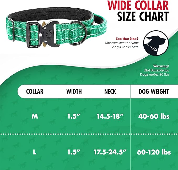 Tuff Pupper Tactical Dog Collar with Handle | Heavy Duty Adjustable Dog Collar | Military Nylon Collar for Large Dogs | Quick-Release Buckle | Soft Padded Comfort | Training Control (Green, Large)
