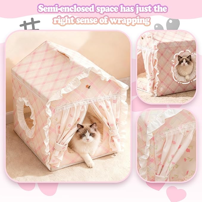 Cat Bed, House for Indoor Cats, Accommodate 11-33 lb Cute Tent Bed with Cover Cave, Breathable, Washable, Foldable Indoor Dog House with Frame, All Season (Pink, S)