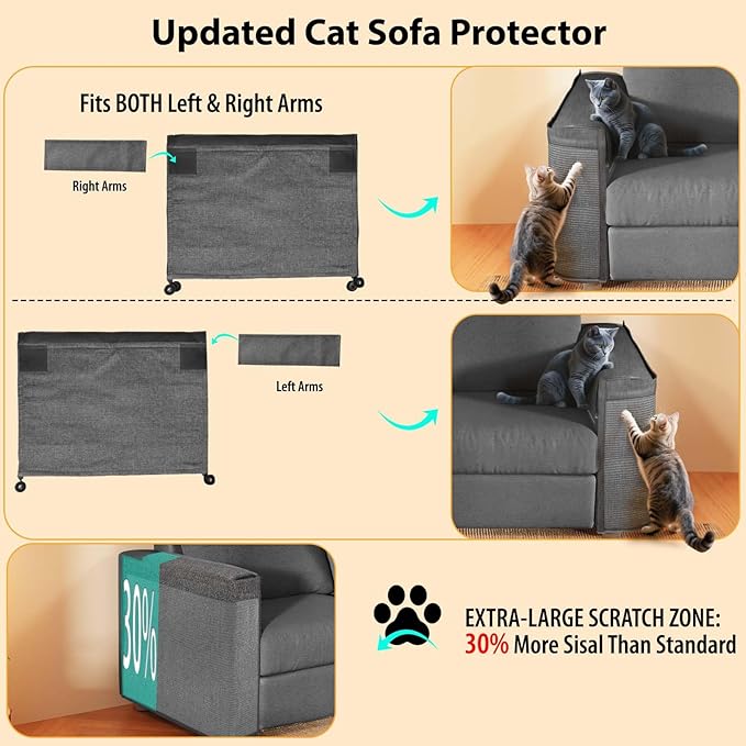Cat Scratch Protector for Sofa - Larger Couch Protector from Cat Claws Fit for Both Arm Side of Sofa,Couch Corner Scratcher with Expanded Coverage Color-Matched Sisal Pad Universal Fit (Dark Grey)