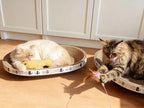 Cat Scratcher Bed with Toys, 2 Pack Oval Cat Scratcher Cardboard, Indoor Cat Scratch Bowl, Large Pad Cat Scratching Board with Catnip Fish Toy & Feather Wand for Furniture Protector