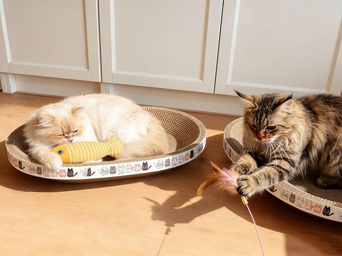 Cat Scratcher Bed with Toys, 2 Pack Oval Cat Scratcher Cardboard, Indoor Cat Scratch Bowl, Large Pad Cat Scratching Board with Catnip Fish Toy & Feather Wand for Furniture Protector