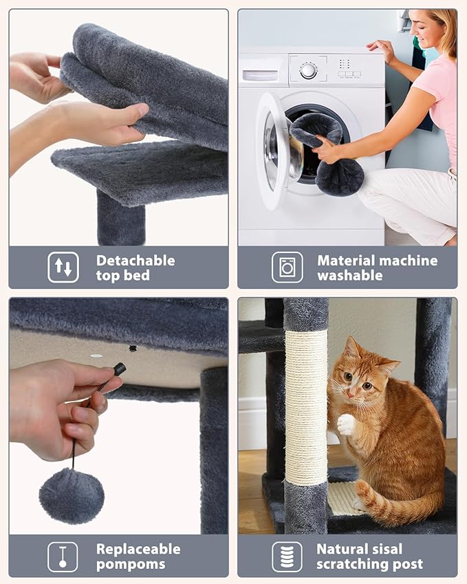 59" Cat Tree, Cat Tower for Large Cats, Multi-Level Cat Tower with 3 Removable Pompom Sticks, Cat Tree for Indoor Cats, Cat Condo with Large Hammock, Scratching Post, and 2 Perches, Dark Gray