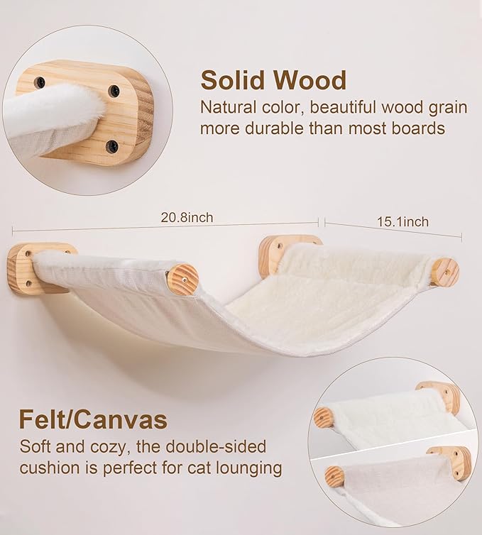 Cat Stairs Hammock Set of 4 – Cat Wall Shelves with 1 Floating Fabric Hammock, 1 Flat Shelf, 2 Wall Ladders with 4 Steps Each