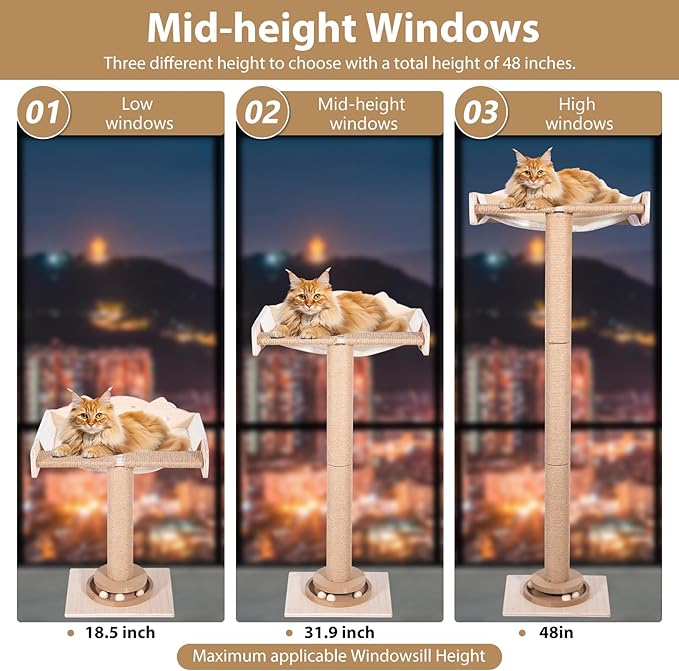 Cat Window Hammock 48" Adjustable Scratching Posts, Multi-Level Window Mounted Cat Tree with Natural Sisal and Track Toys for Large Cats, Climbing, Sunbathing & Bird Watching (Drill-Free)