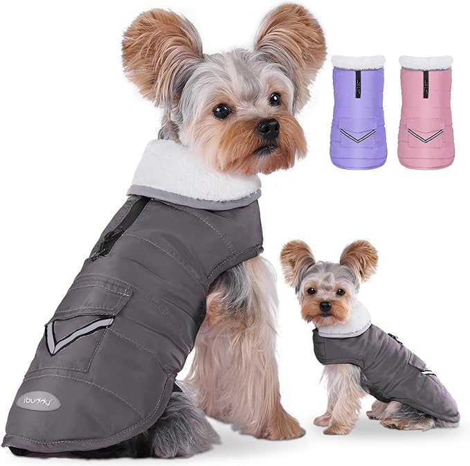 iBuddy Dog Winter Coat for Extra Small Dogs, Easy on XS Dog Snow Jacket Velcro Waterproof Pet Puffer Clothes with Harness Hole Adjustable Reflective Quilted Dog Cold Weather Vest for Boy 8-12 Pounds