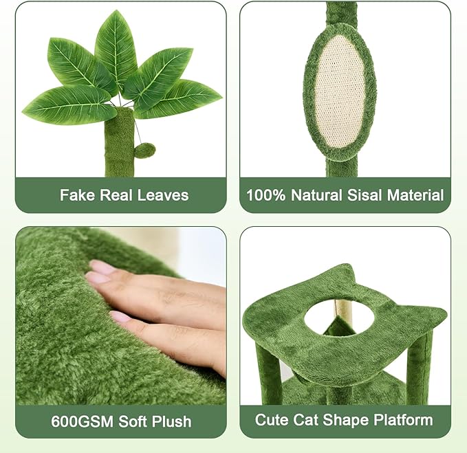 61" Large Cat Tree Tower for Indoor Cats with DIY Green Leaves Scratching Post Multi Soft Hang Ball Plush Cat House Furniture 360° Rotating Cat Scratch Board with Hammock, Green