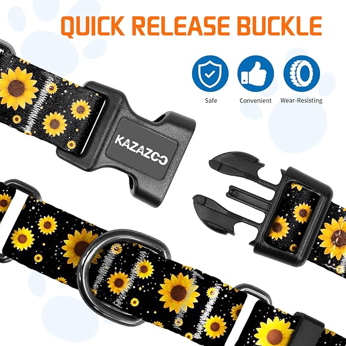 Kazazoo Martingale Collar for Dogs with Quick Release Buckle Adjustable Soft Durable Dog Collar for Small Medium Large No Pull Training Dog Collars-Black Sunflower L