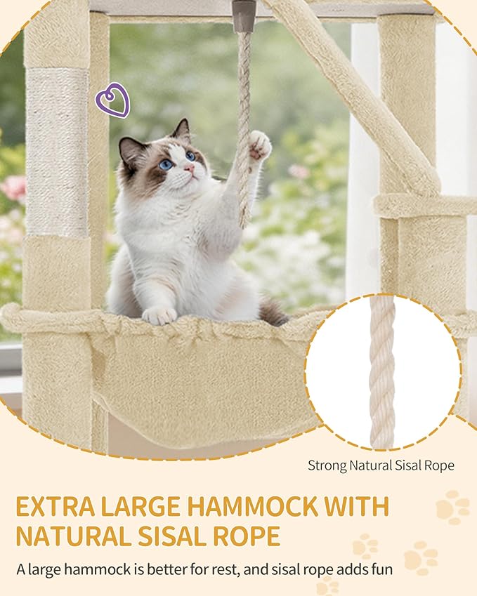 Large Cat Tree, 72 Inch Tall Indoor Cat Tower for 6 Large Cats, Corner Climbing Activity Pet Condo with 2 Large Platforms/2 Cats House/6 Scratching Post/1 Hanging Basket, Beige MS18318YG