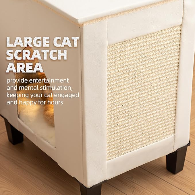 Cat House for Indoor Cats Condo,Cat Furniture with Large Area Scratch Pad，Leather Cat Bed Side Table & Nightstand for Living Room and Bedroom Decoration,White