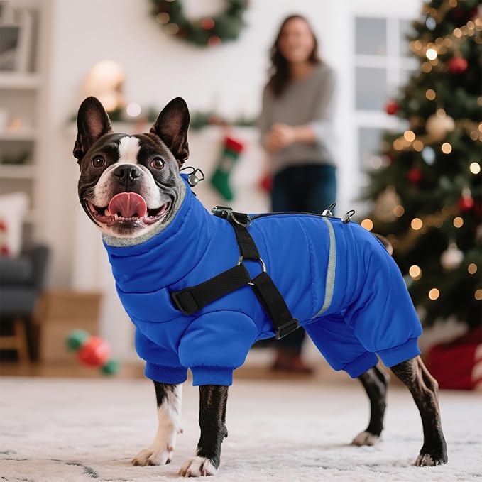 BRKURLEG Blue Dog Winter Coat, Cozy Winter Dog Jackets, Small Dogs Coat with Harness, Onesie Body Warm Puppy Christmas Jacket, Pet Reflective Cold Weather Jackets, Puppy Four-Legged Puffer Coats, XL