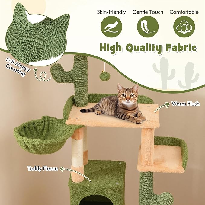 PETSITE 63 inch Cactus Cat Tree, Multi-Level Tall Cat Tower with Sisal Scratching Posts and Board, Comfy Condo, Rotatable Basket, Hanging Toys, and Anti-tipping Device, Modern Cat Tree for Indoor Cats