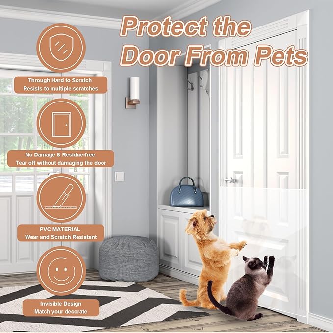 Door Protector from Dog Scratching, 197"x12" Anti Cat Scratch Furniture Protector, Single-Sided Sticky Thicken Vinyl Couch Protector from Cat Claws for Furniture Sofa Door Walls (30 Pins)