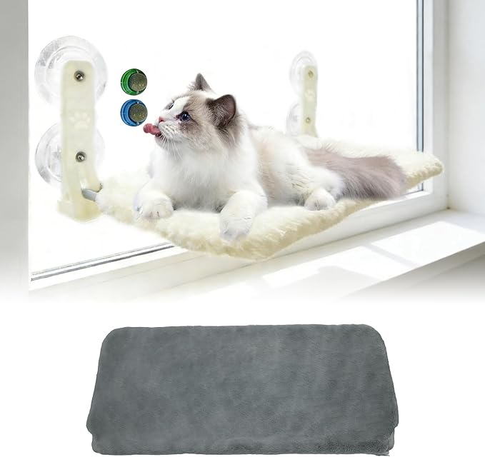 Cat Window Perch Hammock - Foldable Cordless with 4 Suction Cups for Indoor Cats, Space Saving Design,Reversible Cover with Two Different Kinds of Fabrics,40Lbs Load Capacity (60CM)