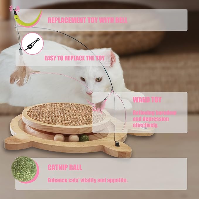 Petest Wooden Interactive Cat Toy with Ball Track & Teaser Wand – Solid Pine Wood Cat Scratcher with Natural Sisal Rope, Replaceable Toys, Turtle Design