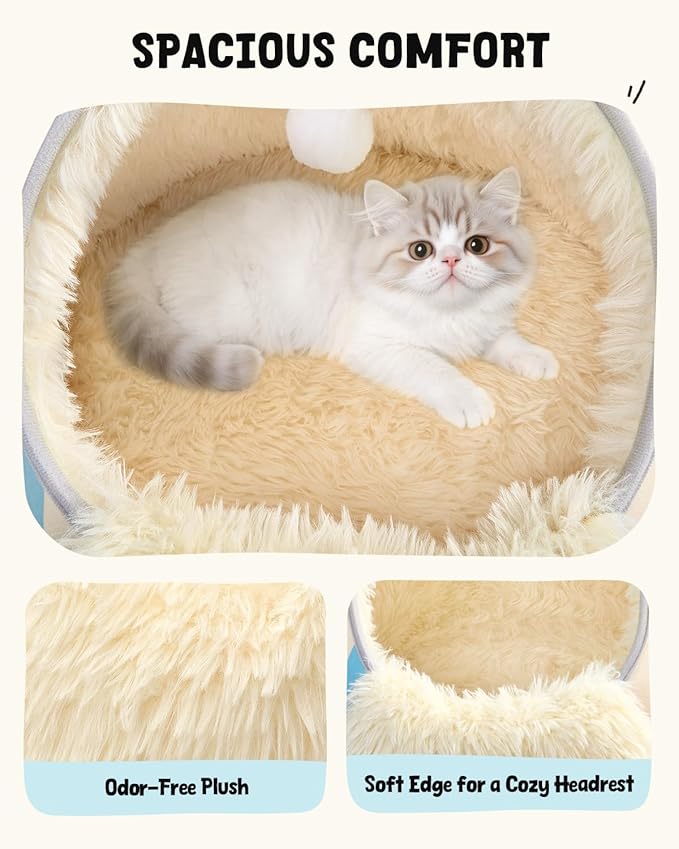 BurgeonNest 20-Inch Round Cat Bed Cave, Enclosed Hooded Pet House for Indoor Kittens, Anti-Collapse EVA Shell with Cord Access for Heating Pad, Washable Soft Plush, Beige