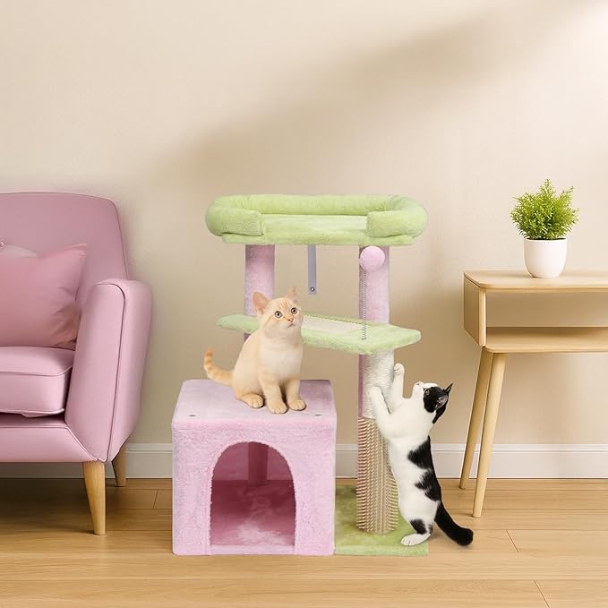 Outvita Cat Tree 27.5in Small Cat Tower, Multi-Level Cat Tree Tower with Cat Scratching Post and Pad, Cozy Cat Condo, Padded Top Bed for Kittens and Indoor Cats, Pink & Green