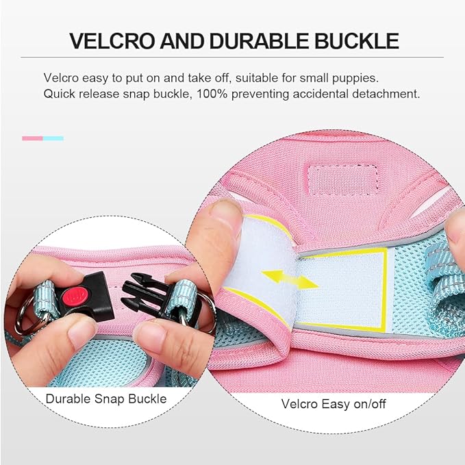 Mercano Soft Mesh Dog Harness and Leash Set, No-Chock Step-in Reflective Breathable Lightweight Easy Walk Vest Harnesses with Safety Buckle for Small Dogs, Cats (M, Pink Blue)