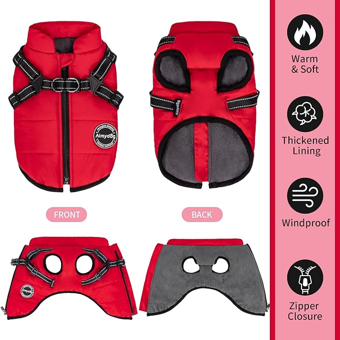 Dog Winter Coat, Warm Dog Jacket Reflective Adjustable Fleece Vest with Harness Built in, Windproof Pet Snow Jacket Snowsuit with Zipper for Small Medium Dogs, Red XS