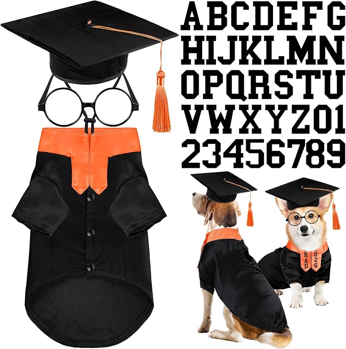 5 Pcs Dog Graduation Costume Set Include 2026 Pet Graduation Gown with Stole Puppy Grad Cap Lensless Glasses DIY Letter Stickers for Dogs Cats Holiday Costume Accessory(Black Orange,L)