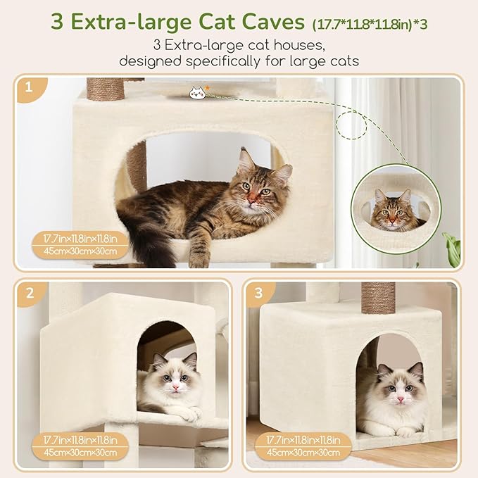 Globlazer Extra Large Cat Tree Tower for Indoor Cats Large Adult, 80in Tall Heavy Duty Cat Tree with 3 Spacious Cat Condos, Oversized Fan-Shaped Perch, 6 Full Sisal Scratching Posts, S80, Beige