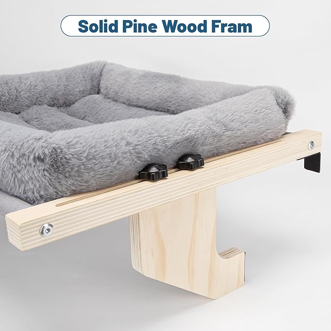 Cat Sill Window Perch - 100% Natural Pine Frame, Soft Rabbit Fur Cushion, Tool-Free Adjustment, Supports 50 lbs (Large-Grey)