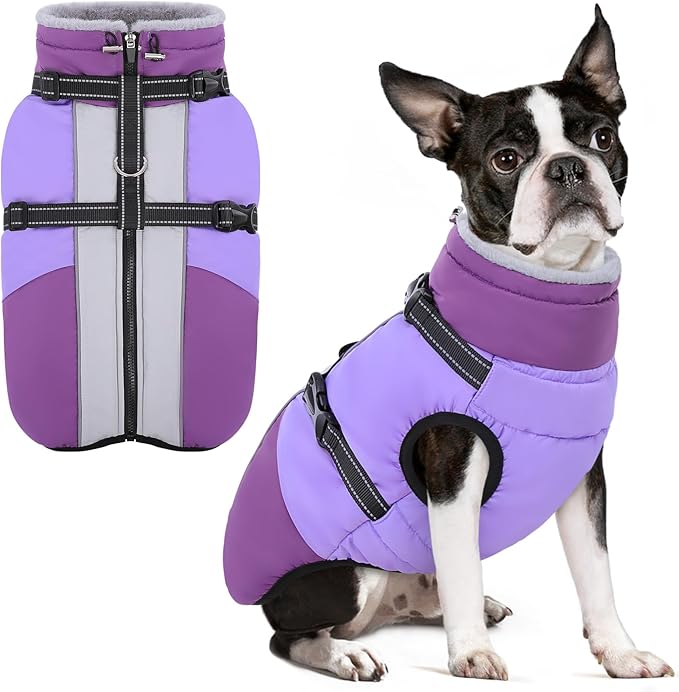 SUNFURA Small Dog Coat with Harness Built-in, Warm Dog Jacket with Zip, Reflective Winter Coat Pet Sweater Clothes for Small Dogs Schnauzer, Yorkshire Terrier, Shih Tzu, Purple S