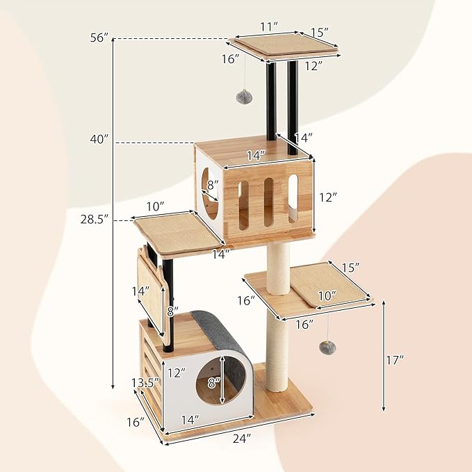 PETSITE 56 Inch Wood Cat Tree, Multi-Level Cat Tower with Sisal Scratching Posts, Dual Cat Condos, Removable Sisal Mats, and Hanging Balls with Bell, Modern Cat Tree Tower for Indoor Cats, Kittens
