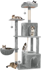 54 Inches Large Cat Tree Tower for Indoor Cat, Tall Cat Tower with Scratching Posts, Cat Condos, Cat Hammock, Pompoms, Top Perches, Sisal Rope, for Bed Room, Living Room (Light Grey)
