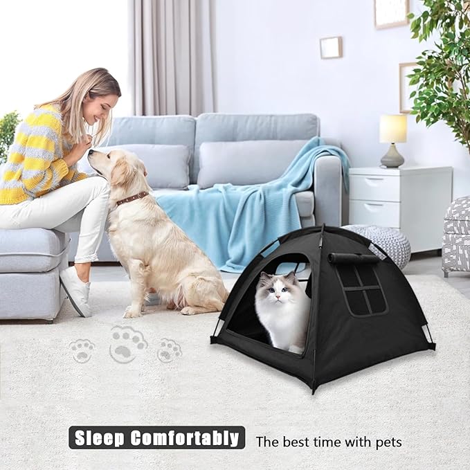 Open Design Pet Tent, Cozy Monitoring Bed for Cats & Puppies, Breathable Mesh Walls for Security & Ventilation, Indoor Outdoor Travel, Black