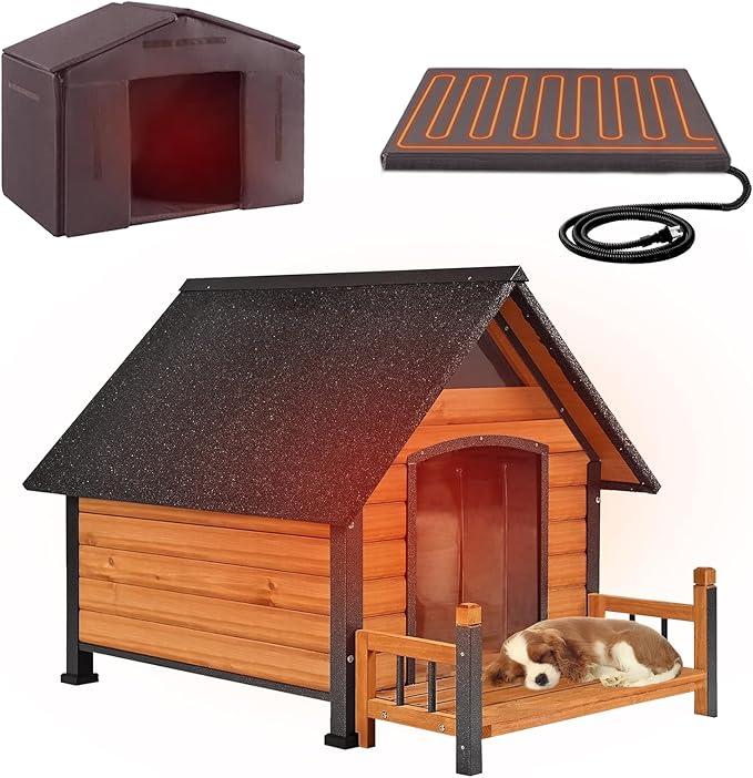 GUTINNEEN Heated Dog House for Outside Dog Kennel with Insulated Line and Heating Pad，Anti-Chewing Metal Frame Dog Shelter with Raise Floor and Waterproof Roof，Brown