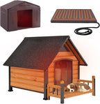 GUTINNEEN Heated Dog House for Outside Dog Kennel with Insulated Line and Heating Pad，Anti-Chewing Metal Frame Dog Shelter with Raise Floor and Waterproof Roof，Brown
