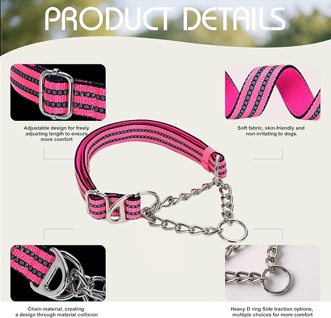 Reflective Martingale Dog Collar with Chain,No-Pull Dog Collar,Choke Dog Collar for Medium to Extra Large Dogs for Training, Walking, Hunting (Pink L)