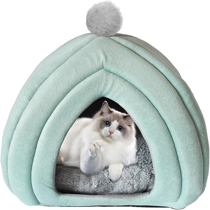 Cat Cave Bed Foldable Cat Bed Dome for Indoor Kitten with Removable Washable Cushion Kitten House Huts with Anti-Slip Bottom for Small Medium Kitty Pets(Green)