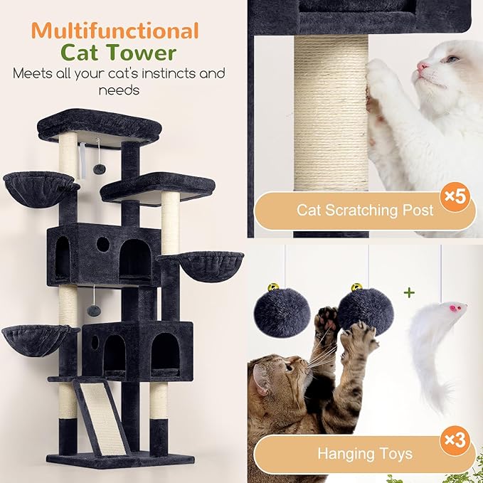 Globlazer Large Cat Tree, 72 inch Tall Cat Climbing Tower for Indoor Large Adult Cats Multi-Level Furniture Tree House with 2 Cozy Perches, 2 Padded Condos, 5 Sisal Scratching Posts, F72G, Dark Grey