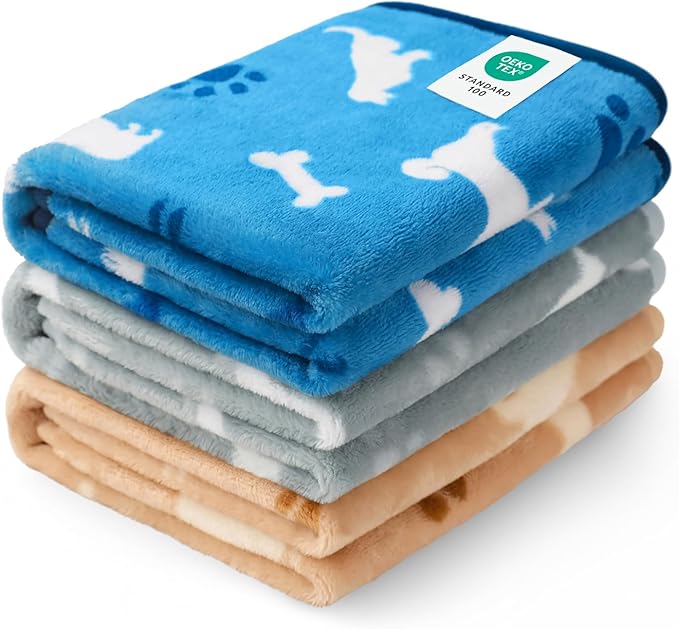 Luciphia 1 Pack 3 Dog Printed Fleece Pet Blankets Washable，Soft Warm Throw Covers for Crate Couch Bed，Cozy Puppy Essentials for Dogs and Cats， Blue/Grey/Khaki, Large (41x31 inch)